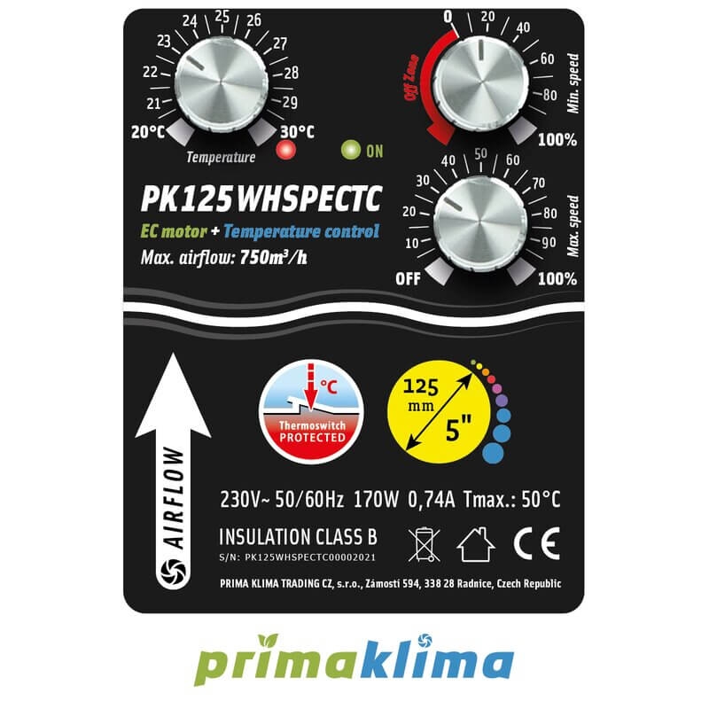Prima Klima EC Silenced Fan Whisperblower Temp. Controlled 800m³/h 125mm